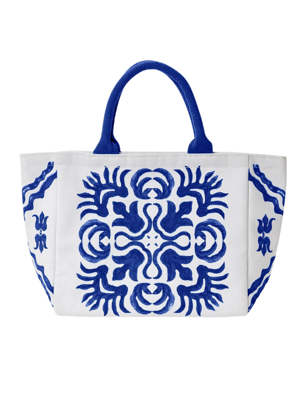 Blue Tile Block Print Thermal Lunch Tote Bag-Two Designs