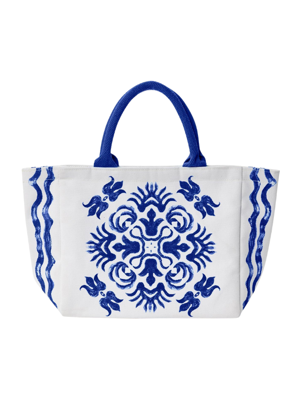 Blue Tile Block Print Thermal Lunch Tote Bag-Two Designs