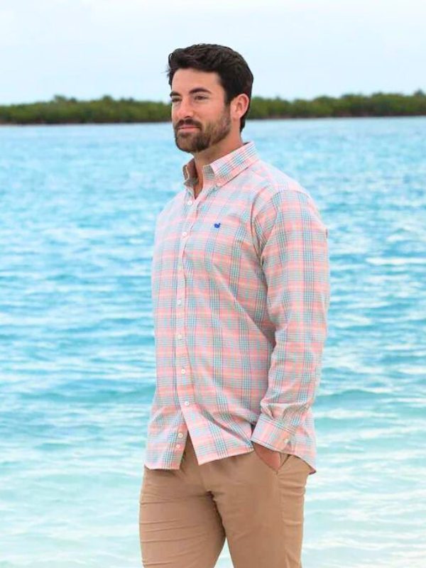 Caicos Peach and Mint Performance Dress Shirt by Southern Marsh