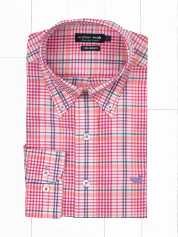 Shores Windowpane Performance Dress Shirt in Pink & Navy by Southern Marsh