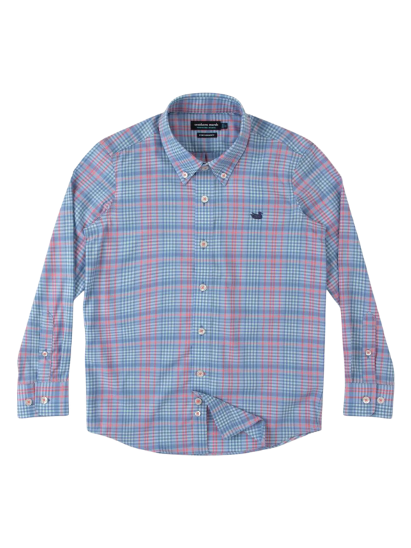 Caicos YOUTH Performance Dress Shirt in Blue and Coral by Southern Marsh