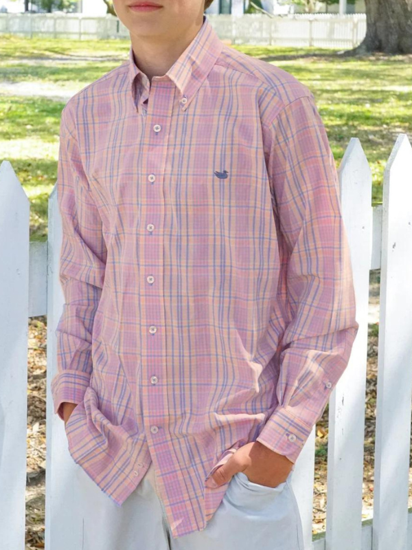 Caicos YOUTH Performance Dress Shirt in Peach & Purple by Southern Marsh