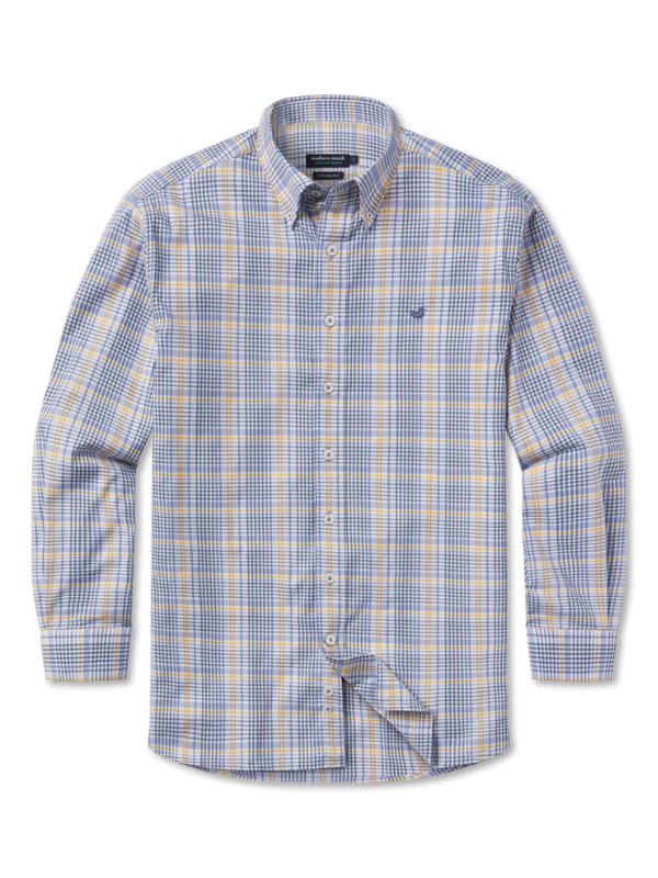 Shores Windowpane Performance Dress Shirt in Blue and Field Khaki by Southern Marsh
