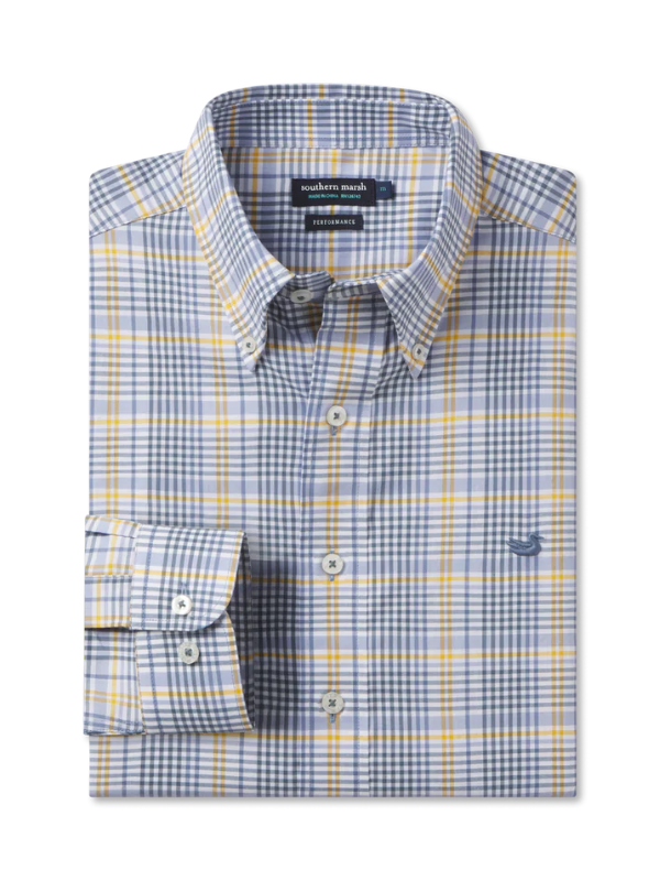 Shores Windowpane Performance Dress Shirt in Blue and Field Khaki by Southern Marsh