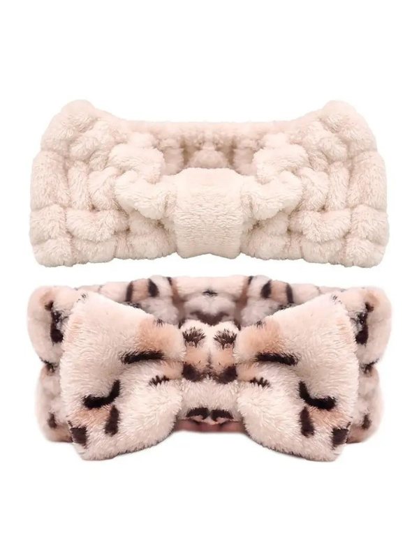 Leopard & Beige Plush Headband Duo