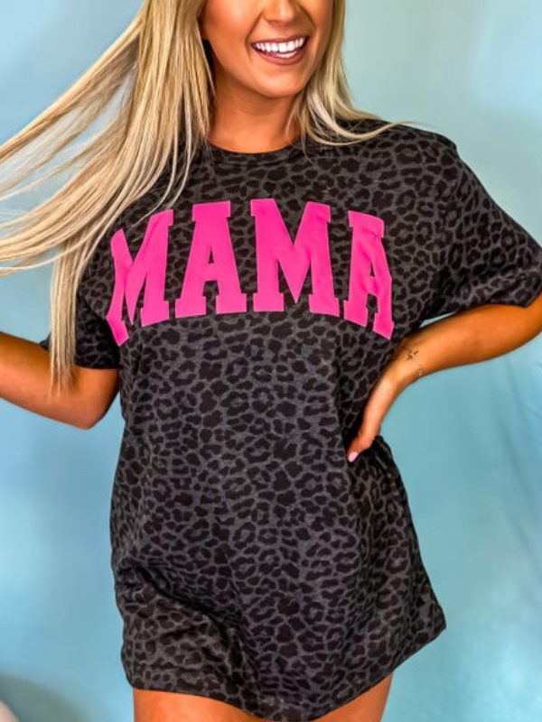 Leopard Mama Hot Pink Puff Letter Graphic Tee