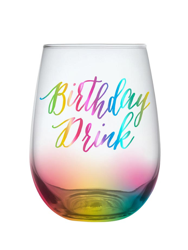 Rainbow Birthday Drink Stemless Wine Glass