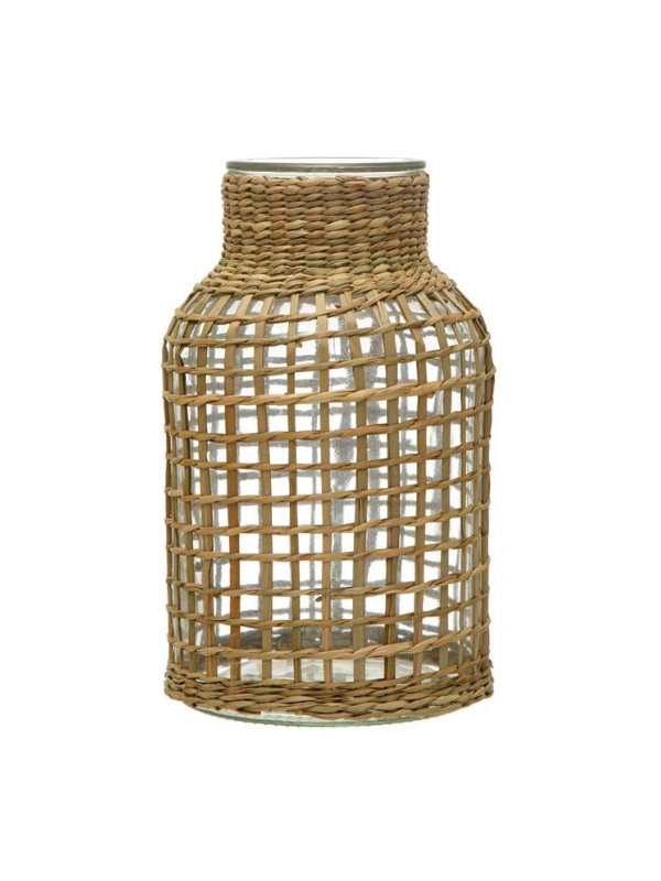 Glass Hurricane Vase with Woven Grass