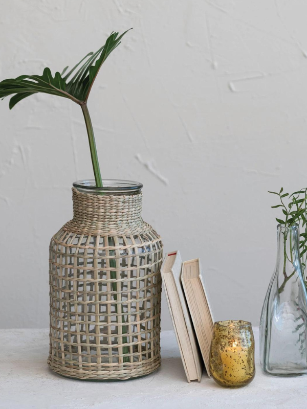 Glass Hurricane Vase with Woven Grass