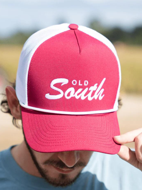 Old South Script Trucker Hat in Berry/ White by Old South