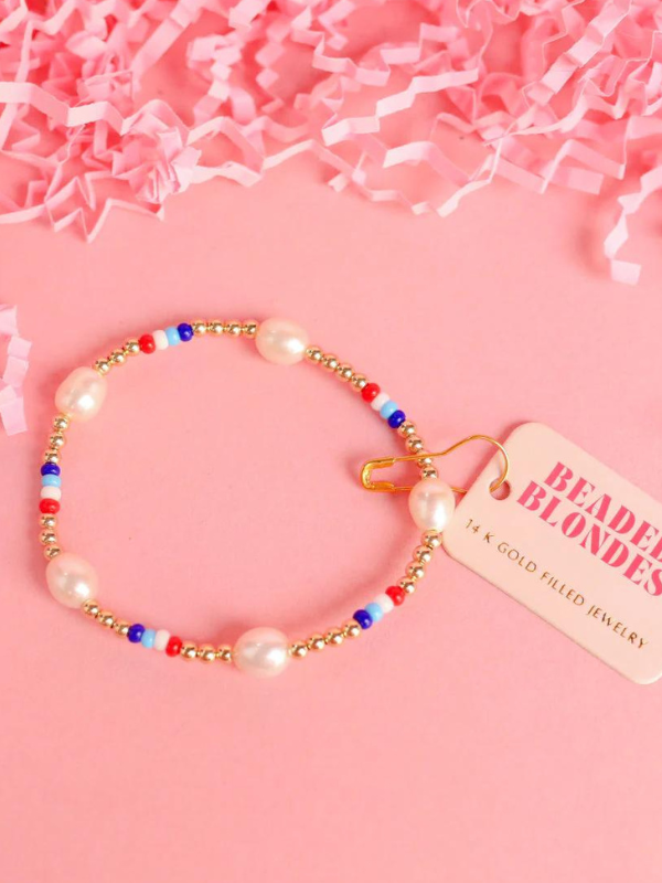 Extended Red White and Blue Pearl Poppi Beaded Bracelet