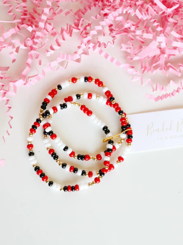 Extended Red, White, & Black Game Day Sprinkle Beaded Bracelet