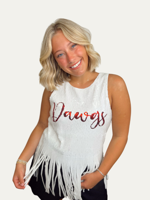 UGA Sequin Script Tank with Fringe