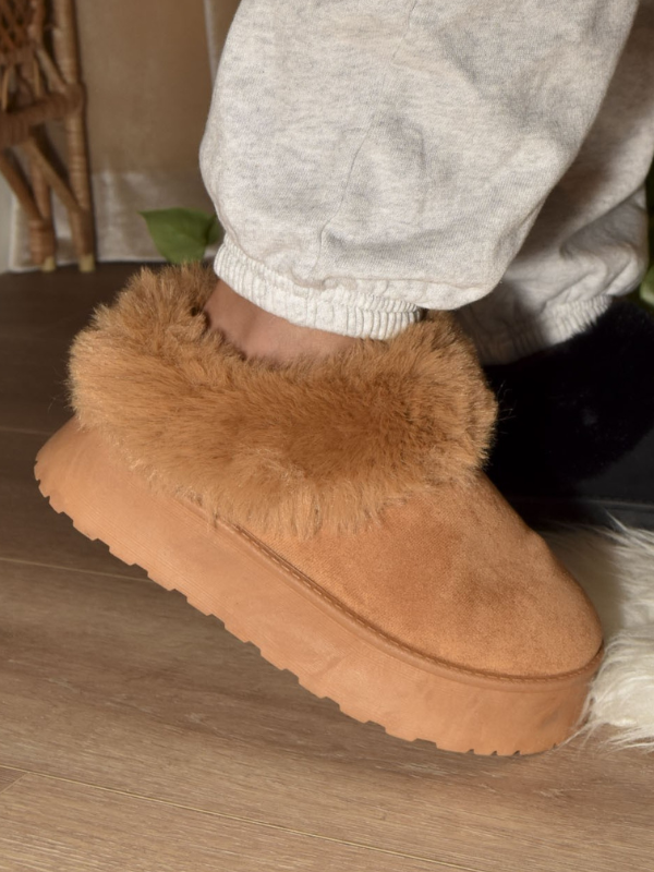 Camel Faux-Fur Platform Slip On Booties