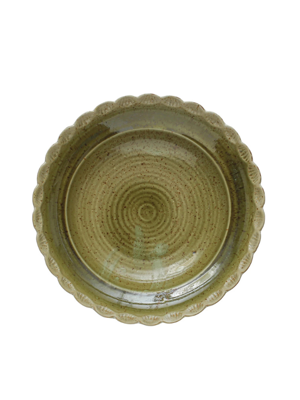 Green Stoneware Bowl with Scalloped Edge