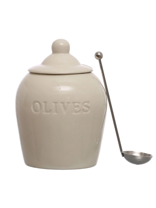 Olives Debossed Stoneware Jar w/ Slotted Spoon