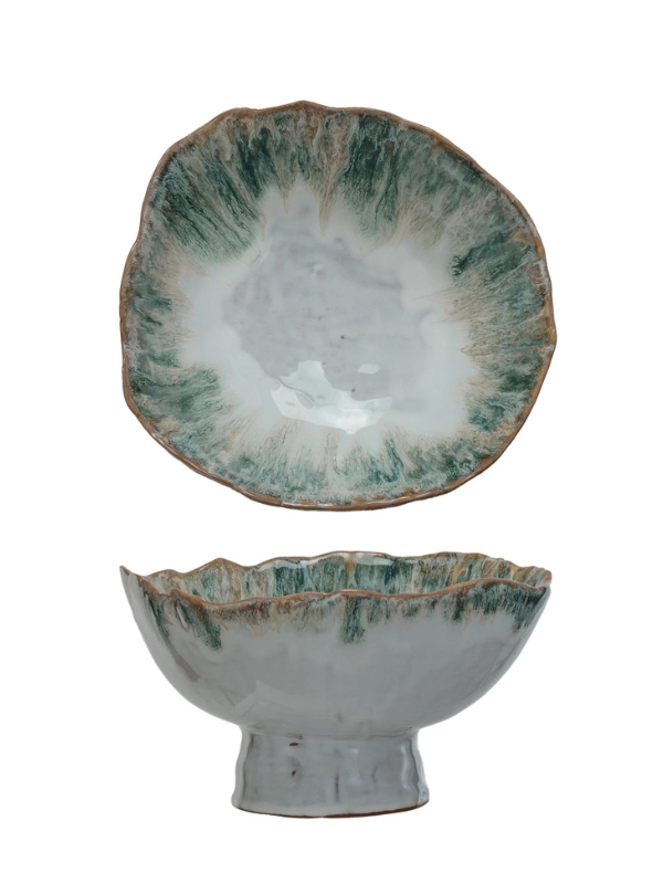 Stoneware Footed Bowl with Green Accent