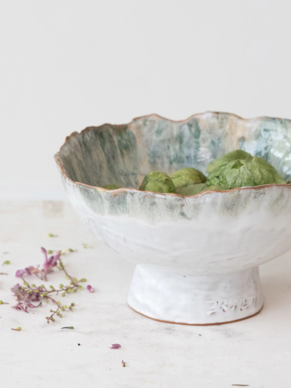 Stoneware Footed Bowl with Green Accent
