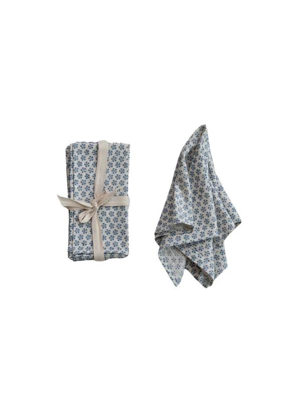 Cotton & Linen Napkins w/ Block Print Pattern, Set of 4