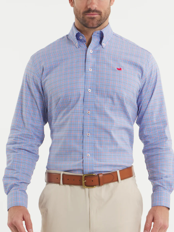 Dyer Performance Gingham Dress Shirt In Navy & Red By Southern Marsh