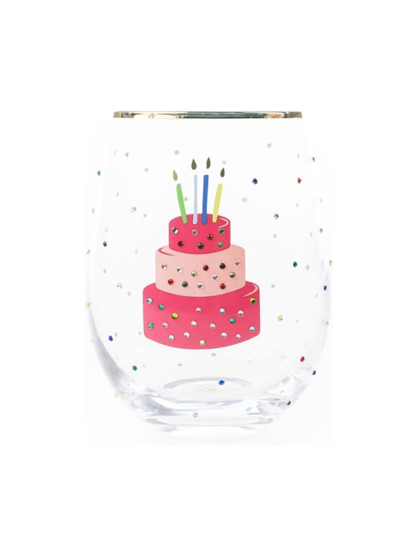 Rhinestone Birthday Cake Stemless Wine Glass
