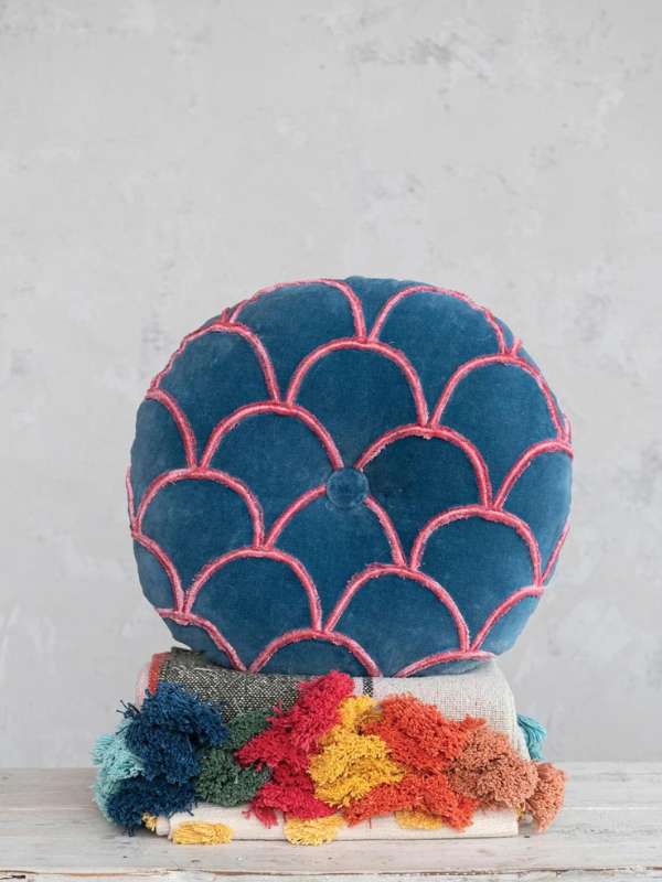 Round Pillow with Embroidered Scallop Pattern