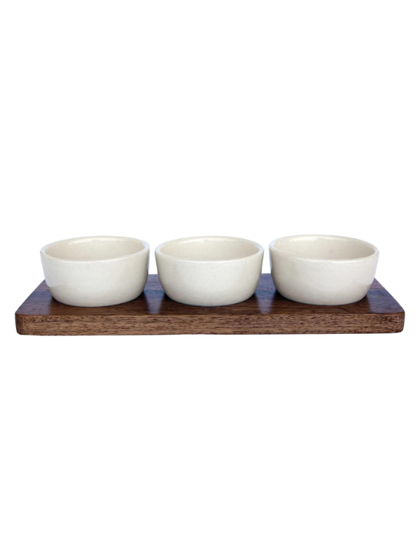 Mango Wood Tray with Stoneware Bowls