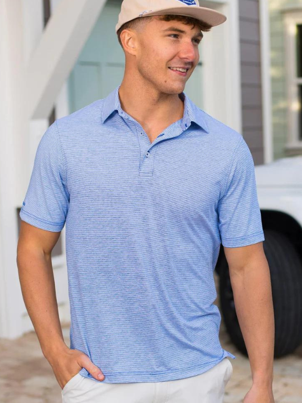 Heather Madison Stripe Polo in Neon Sky by Southern Shirt Co.
