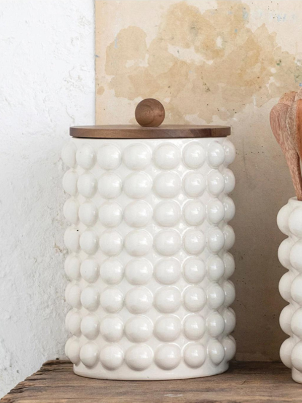 Stoneware Canister with Raised Dots and Wood Lid