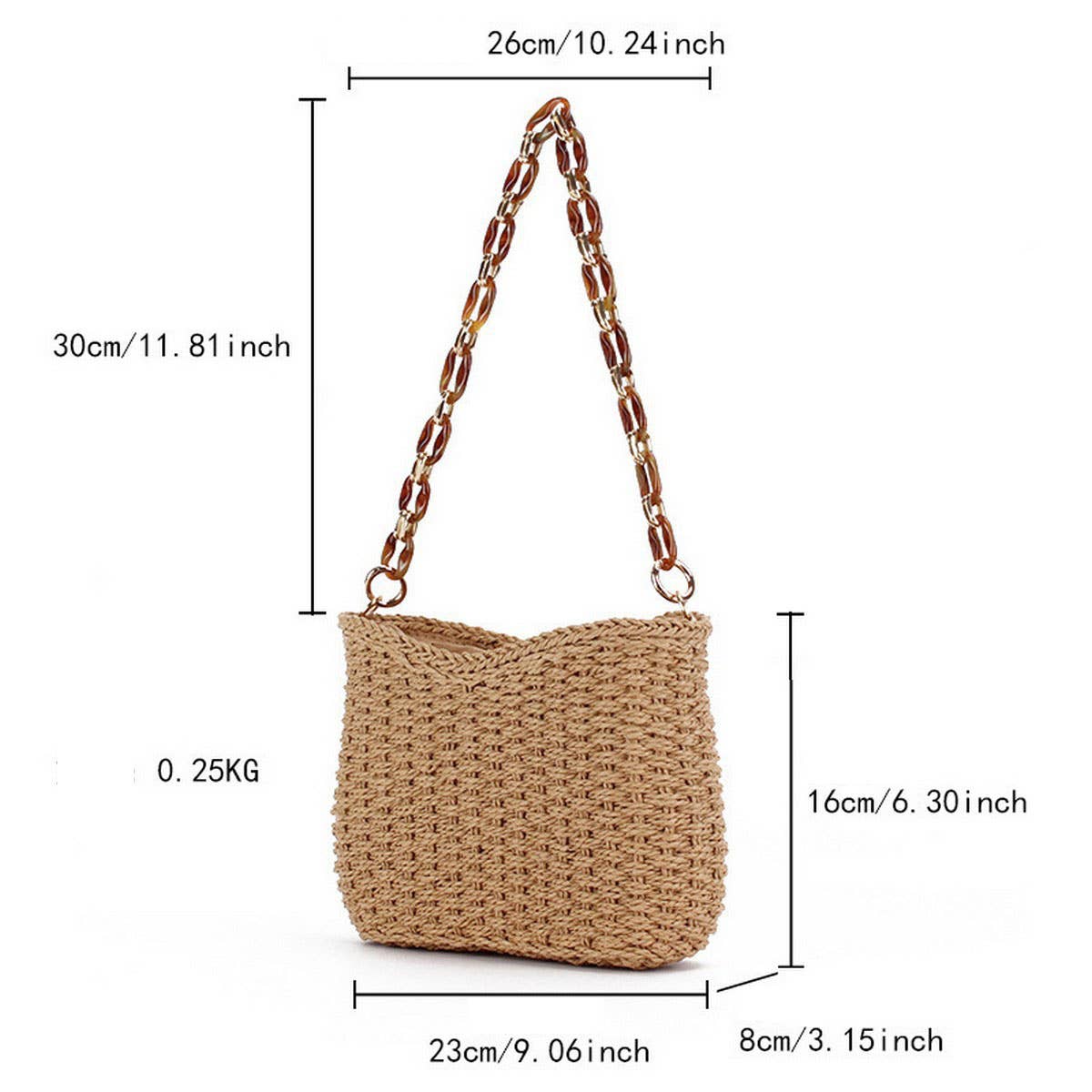 Woven handbag with chain handle and measurements 