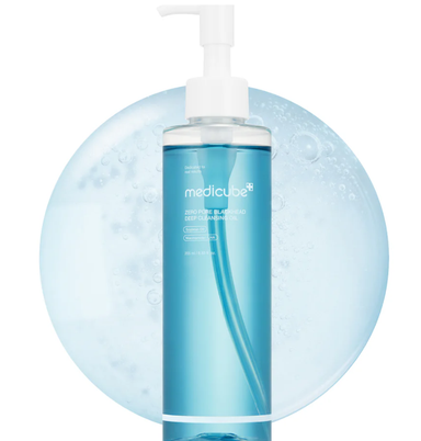 Blue bottle with pump labeled 'medicube' on a white background