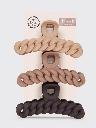 A set of three Kitsch brand natural chain claw hair clips in beige, brown, and dark brown